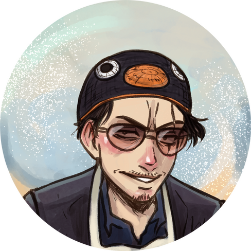 Tatsu (Way of the Househusband) wears a pingu hat and apron and sunglasses.
